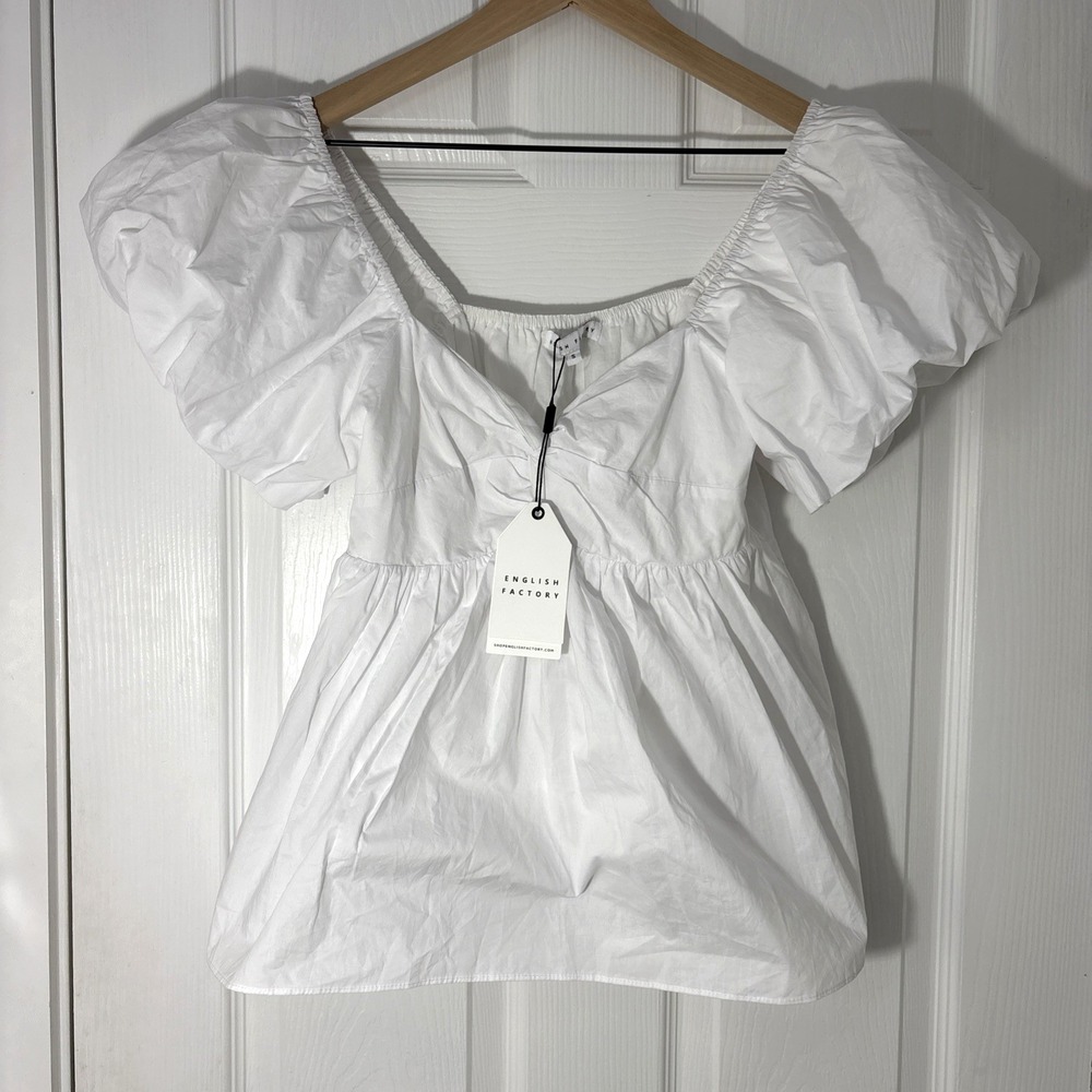 NWT English Factory Womens Puff Sleeve Peplum White Lightweight Lined Cotton S